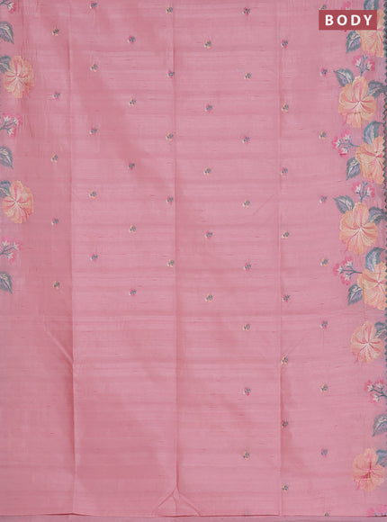 Semi raw silk saree peach pink with embroidered buttas and embroidery border
