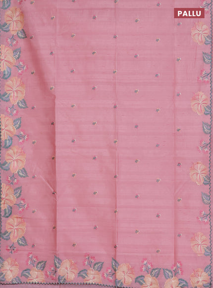 Semi raw silk saree peach pink with embroidered buttas and embroidery border