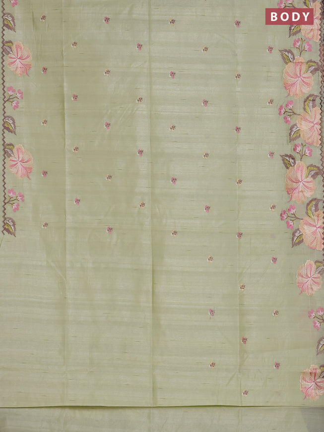 Semi raw silk saree pista green with embroidered buttas and embroidery border