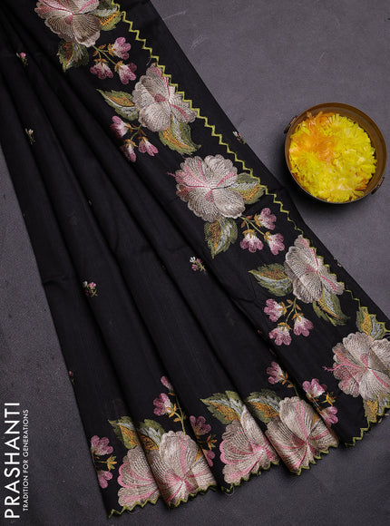 Semi raw silk saree black with embroidered buttas and embroidery border