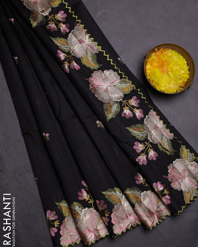 Semi raw silk saree black with embroidered buttas and embroidery border