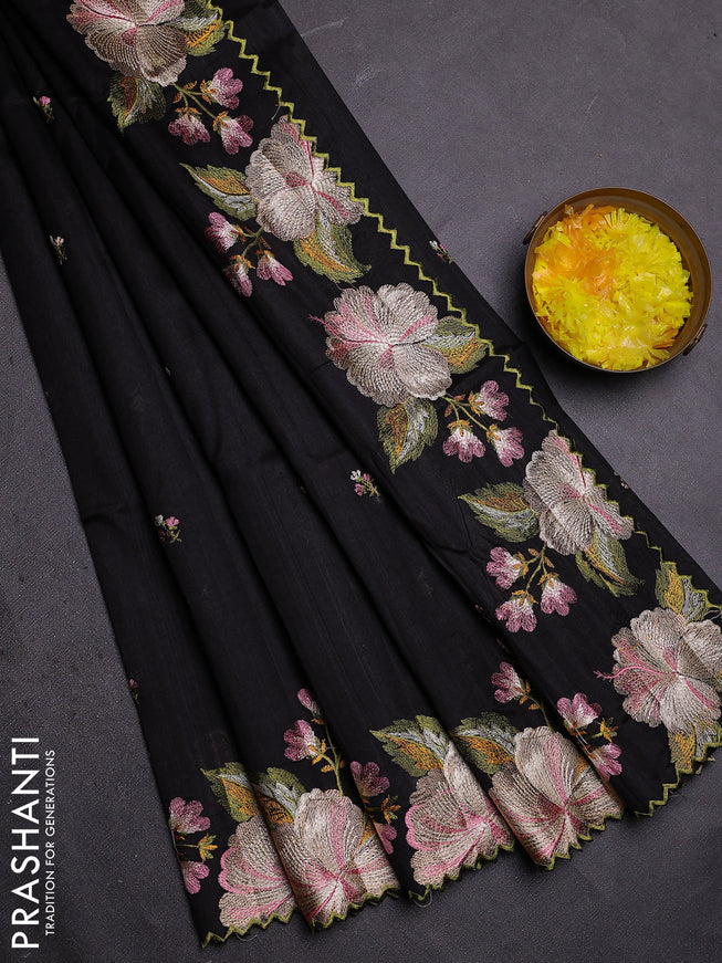 Semi raw silk saree black with embroidered buttas and embroidery border