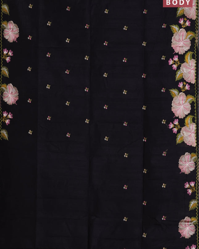 Semi raw silk saree black with embroidered buttas and embroidery border