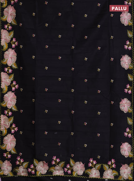 Semi raw silk saree black with embroidered buttas and embroidery border