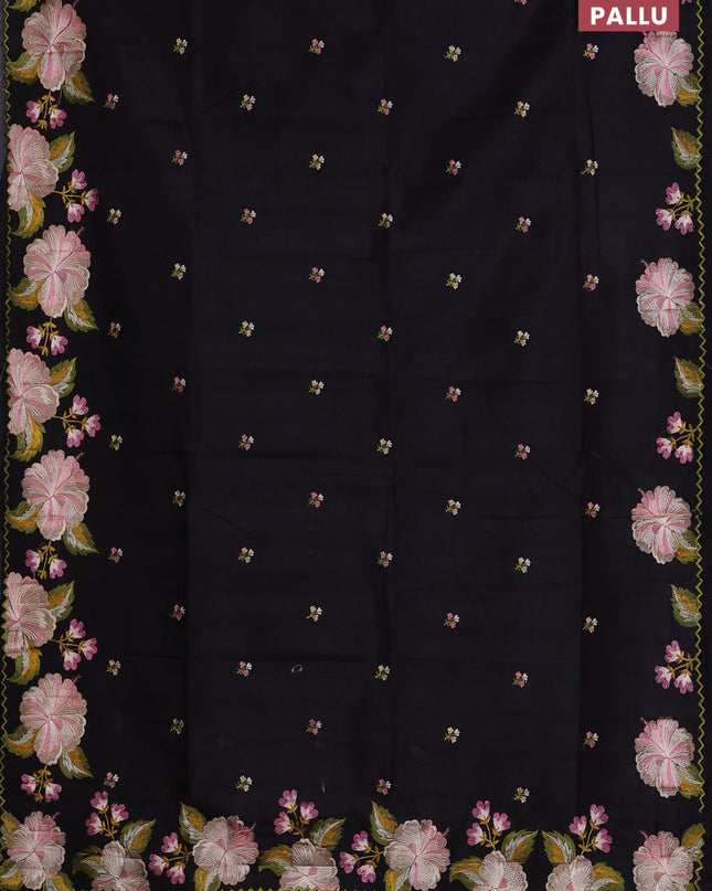 Semi raw silk saree black with embroidered buttas and embroidery border
