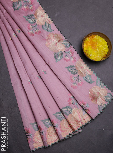 Semi raw silk saree pastel pink with embroidered buttas and embroidery border
