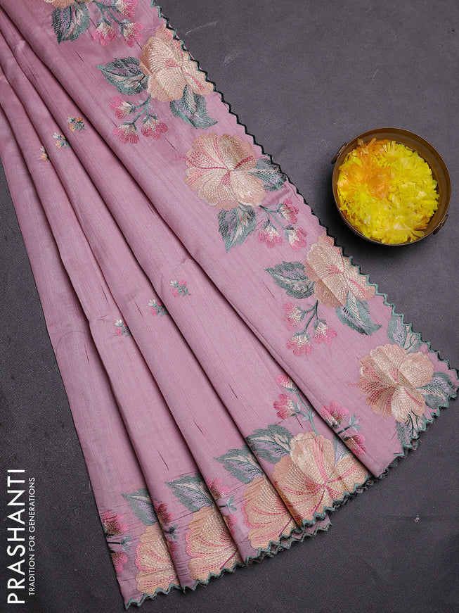 Semi raw silk saree pastel pink with embroidered buttas and embroidery border