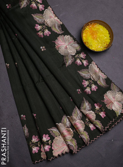 Semi raw silk saree sap green with embroidered buttas and embroidery border