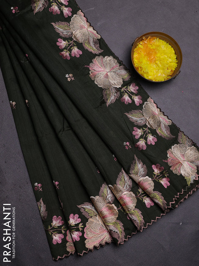 Semi raw silk saree sap green with embroidered buttas and embroidery border