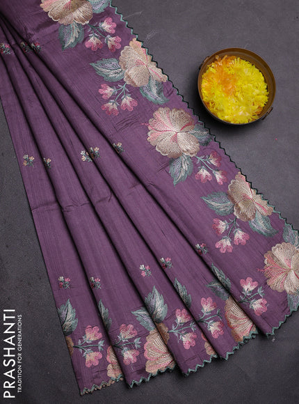 Semi raw silk saree pastel lavender with embroidered buttas and embroidery border
