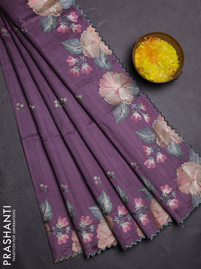 Semi raw silk saree pastel lavender with embroidered buttas and embroidery border