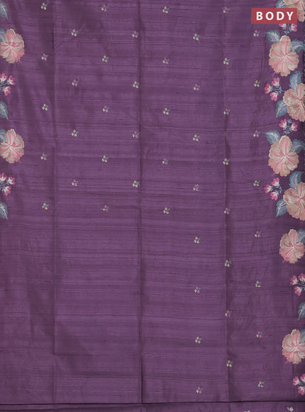 Semi raw silk saree pastel lavender with embroidered buttas and embroidery border