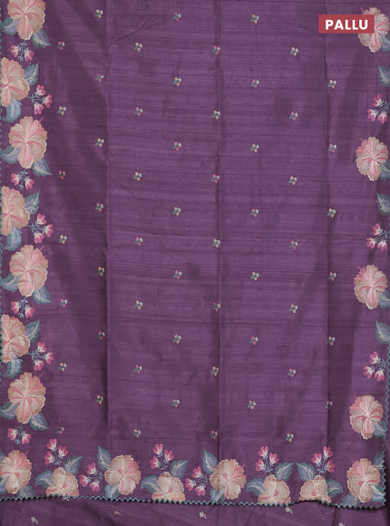 Semi raw silk saree pastel lavender with embroidered buttas and embroidery border