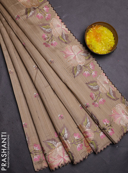Semi raw silk saree beige with embroidered buttas and embroidery border
