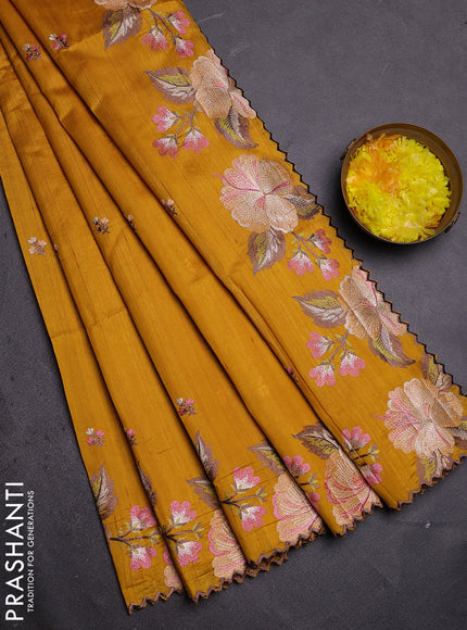 Semi raw silk saree mustard yellow with embroidered buttas and embroidery border
