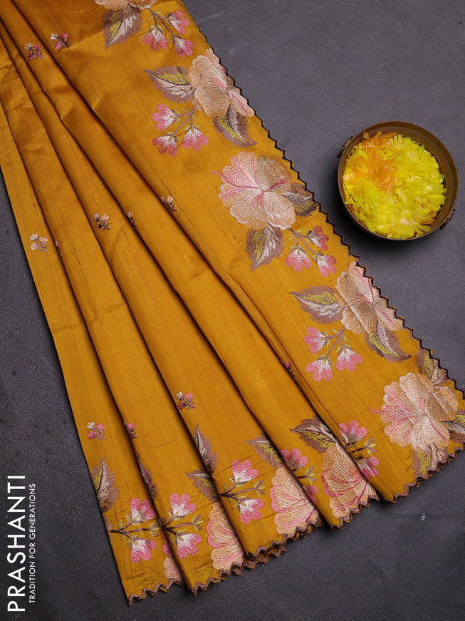 Semi raw silk saree mustard yellow with embroidered buttas and embroidery border