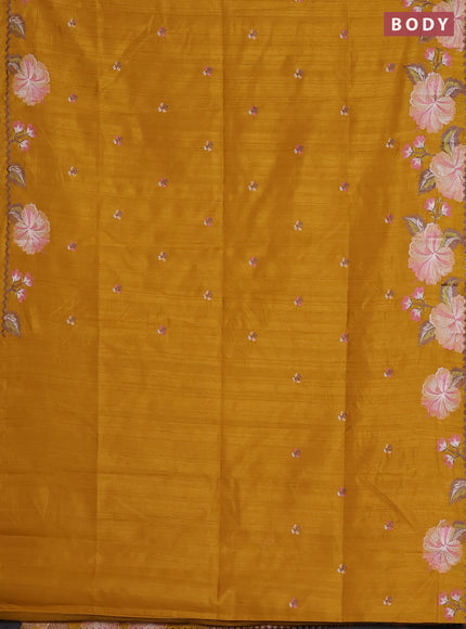 Semi raw silk saree mustard yellow with embroidered buttas and embroidery border