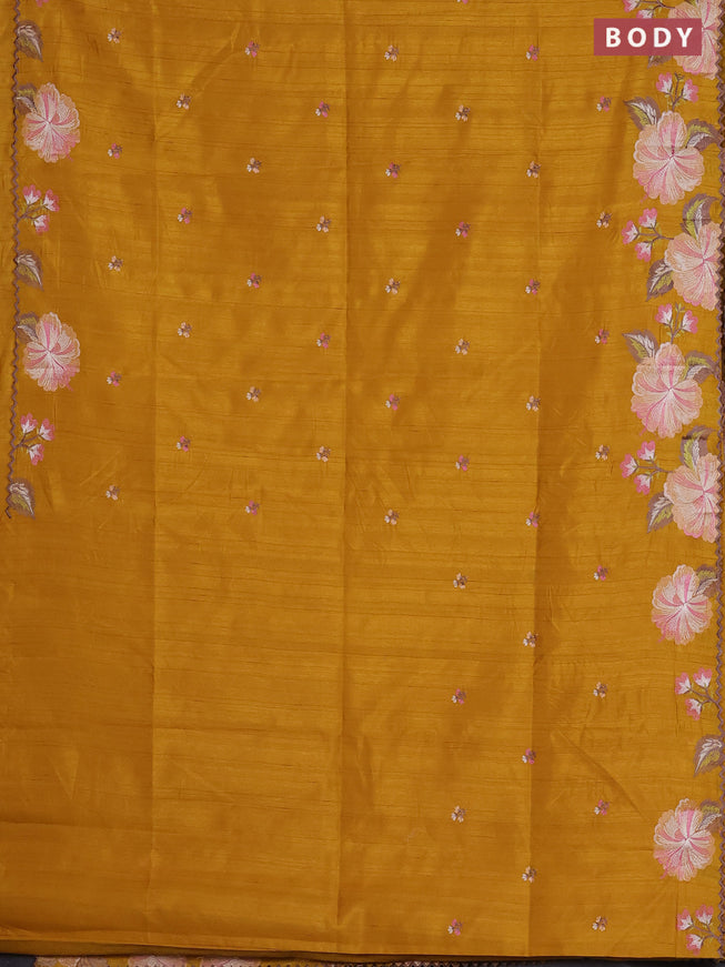Semi raw silk saree mustard yellow with embroidered buttas and embroidery border