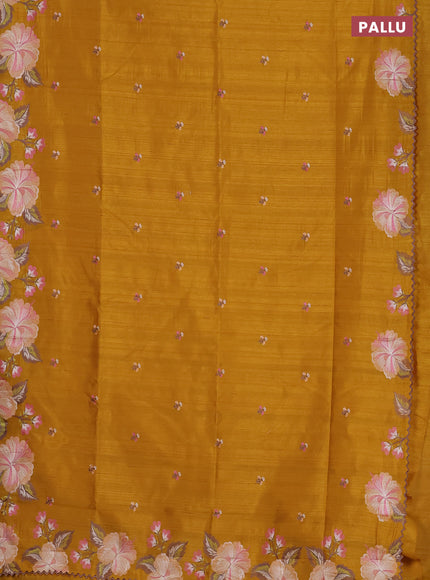 Semi raw silk saree mustard yellow with embroidered buttas and embroidery border