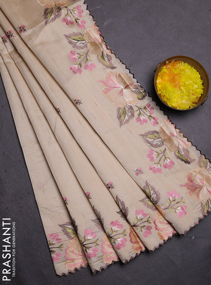 Semi raw silk saree cream with embroidered buttas and embroidery border