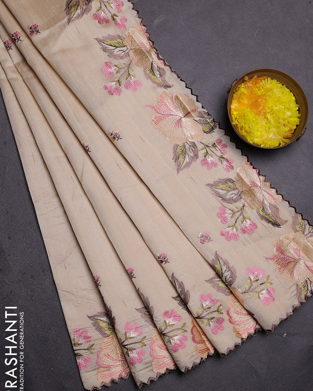 Semi raw silk saree cream with embroidered buttas and embroidery border