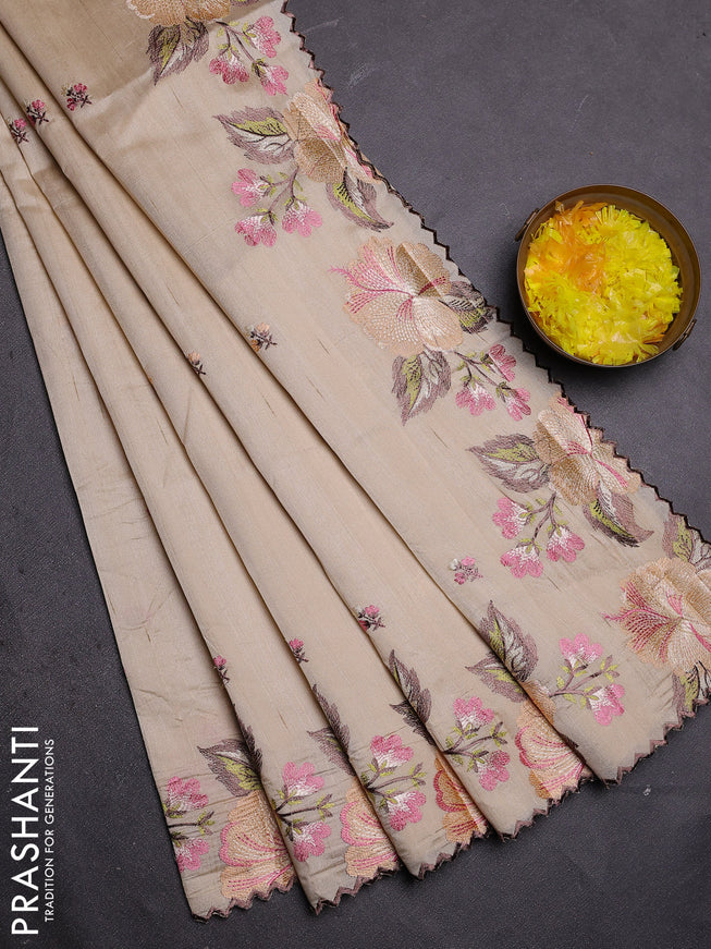 Semi raw silk saree cream with embroidered buttas and embroidery border