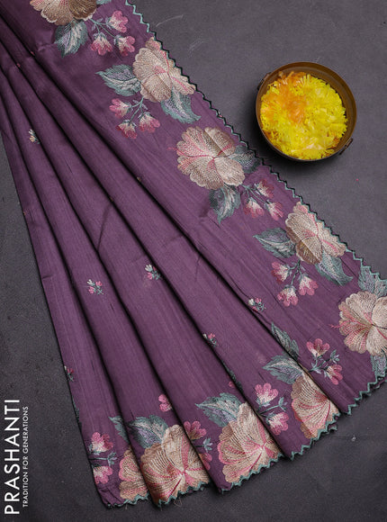 Semi raw silk saree pastel lavender with embroidered buttas and embroidery border