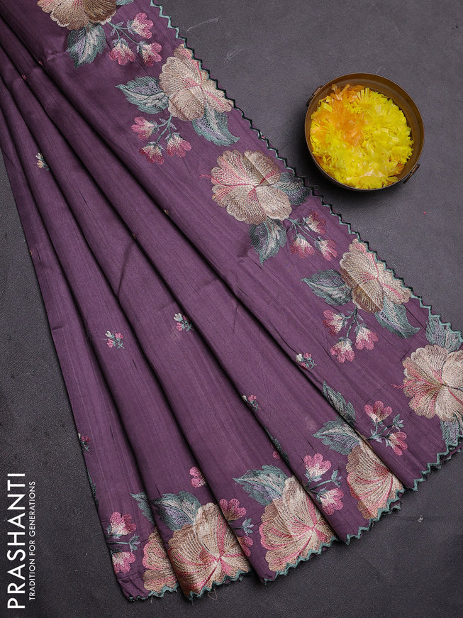 Semi raw silk saree pastel lavender with embroidered buttas and embroidery border