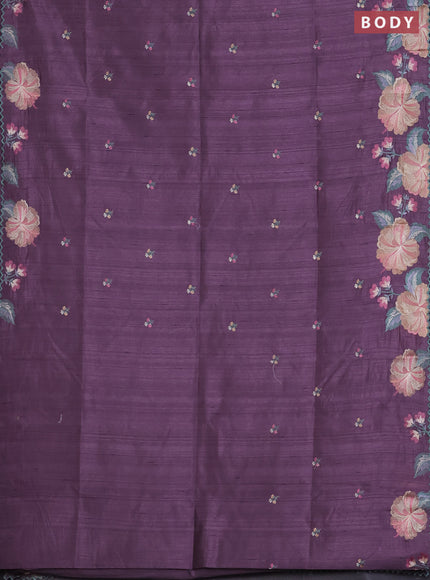 Semi raw silk saree pastel lavender with embroidered buttas and embroidery border