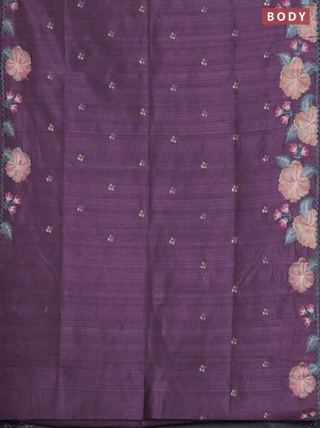 Semi raw silk saree pastel lavender with embroidered buttas and embroidery border