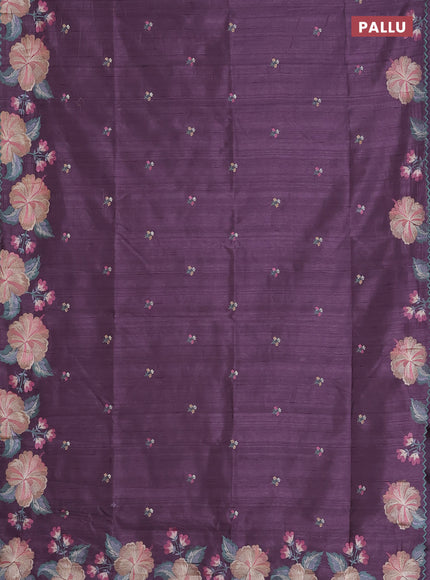 Semi raw silk saree pastel lavender with embroidered buttas and embroidery border