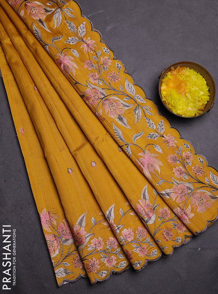 Semi raw silk saree mustard yellow with embroidered buttas and embroidery border