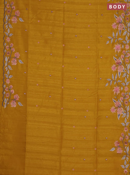 Semi raw silk saree mustard yellow with embroidered buttas and embroidery border