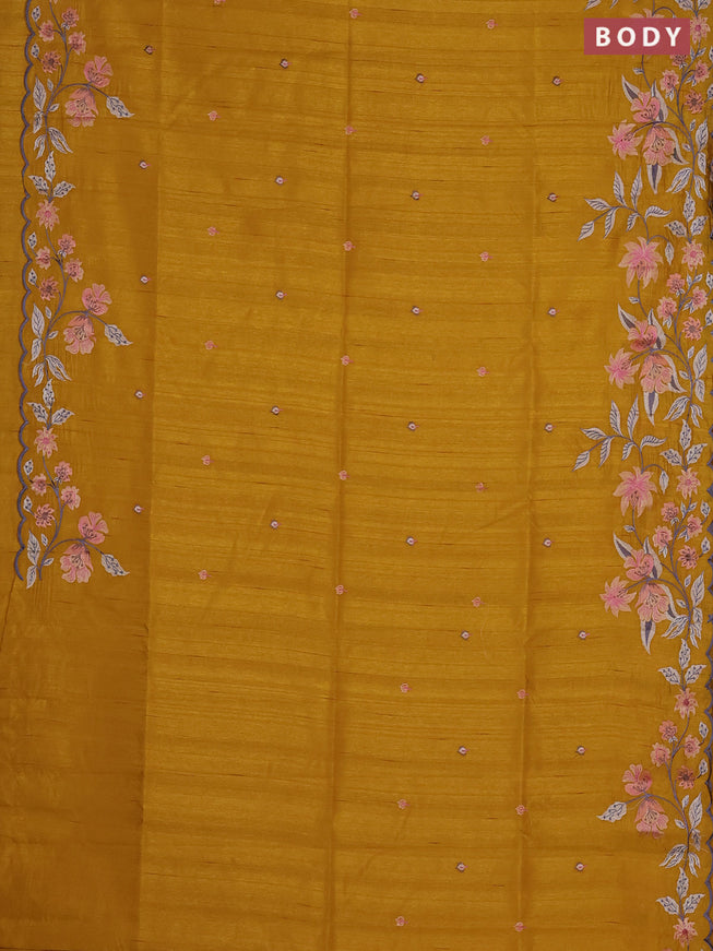 Semi raw silk saree mustard yellow with embroidered buttas and embroidery border