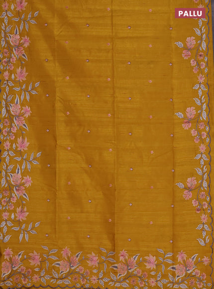 Semi raw silk saree mustard yellow with embroidered buttas and embroidery border