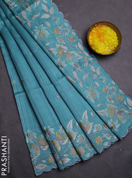 Semi raw silk saree teal blue with embroidered buttas and embroidery border
