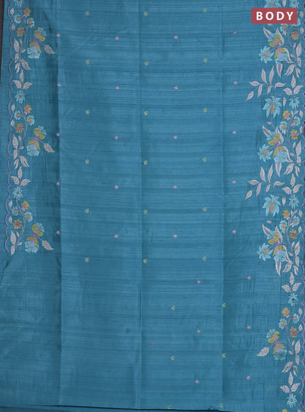 Semi raw silk saree teal blue with embroidered buttas and embroidery border