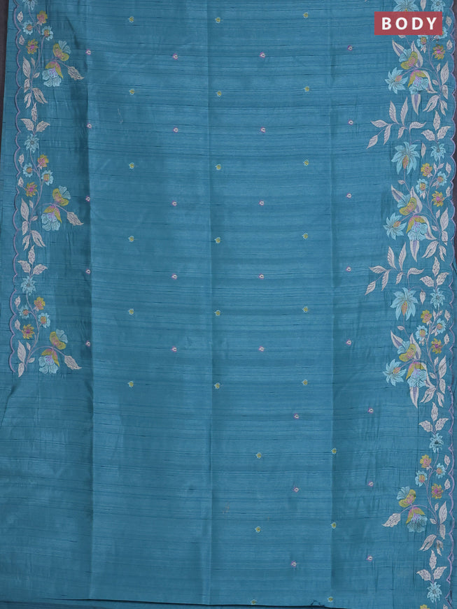 Semi raw silk saree teal blue with embroidered buttas and embroidery border