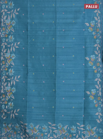 Semi raw silk saree teal blue with embroidered buttas and embroidery border