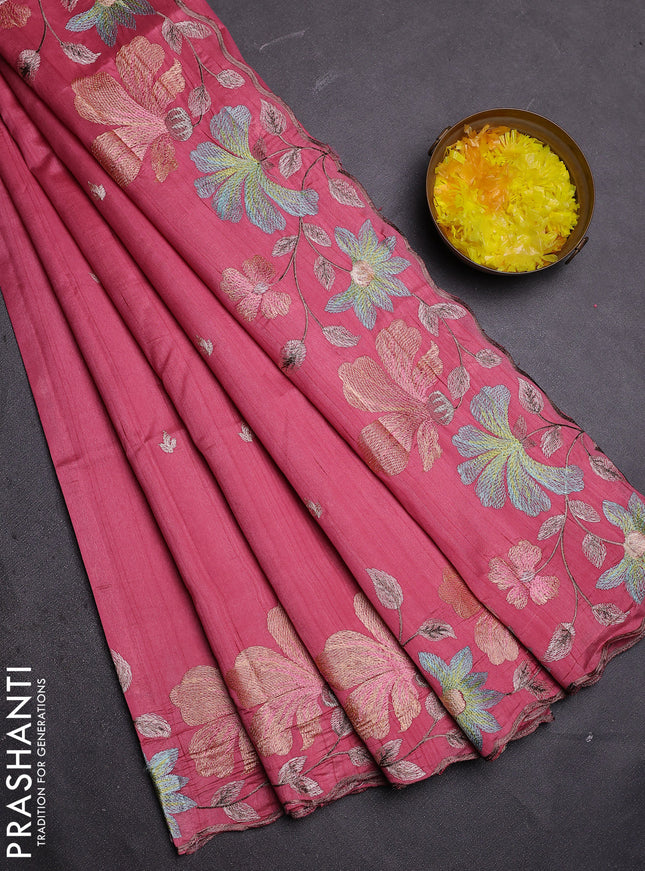 Semi raw silk saree pink with embroidered buttas and embroidery border