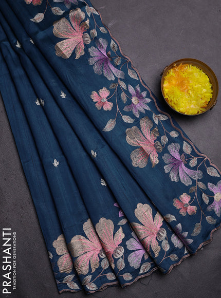 Semi raw silk saree peacock blue with embroidered buttas and embroidery border