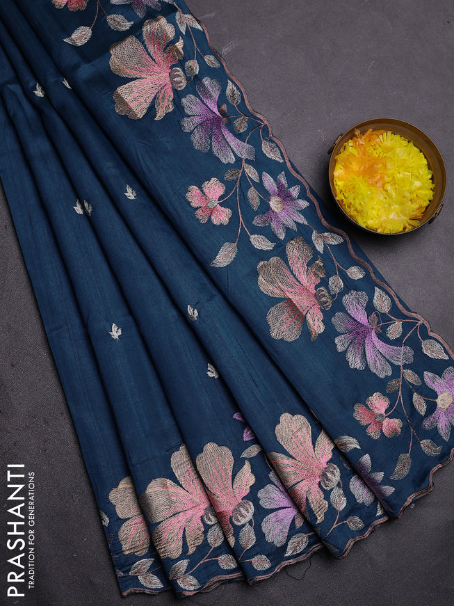 Semi raw silk saree peacock blue with embroidered buttas and embroidery border
