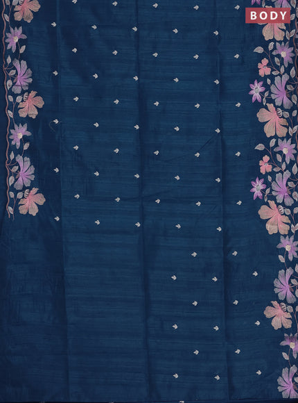 Semi raw silk saree peacock blue with embroidered buttas and embroidery border