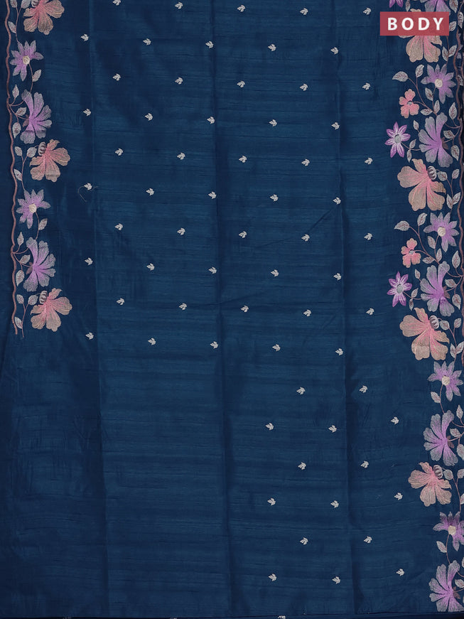 Semi raw silk saree peacock blue with embroidered buttas and embroidery border