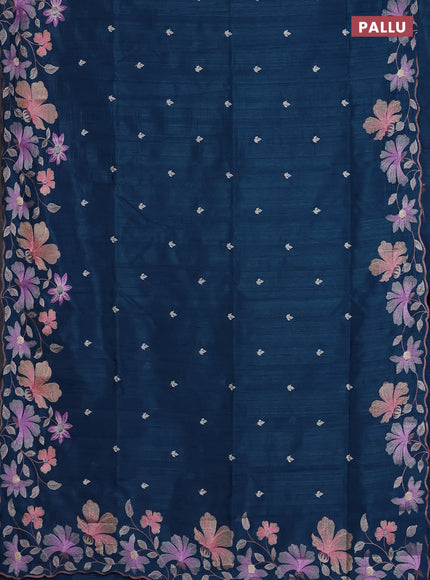 Semi raw silk saree peacock blue with embroidered buttas and embroidery border
