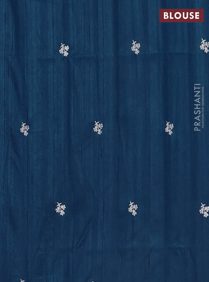 Semi raw silk saree peacock blue with embroidered buttas and embroidery border