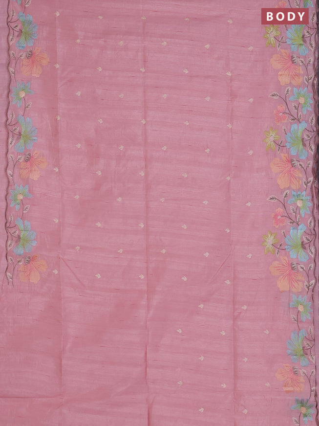 Semi raw silk saree peach shade with embroidered buttas and embroidery border