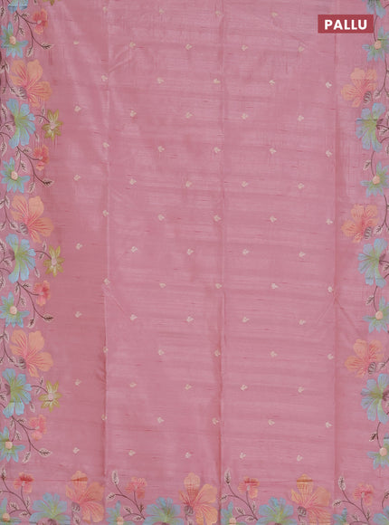 Semi raw silk saree peach shade with embroidered buttas and embroidery border