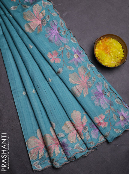 Semi raw silk saree pastel blue with embroidered buttas and embroidery border