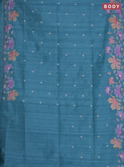 Semi raw silk saree pastel blue with embroidered buttas and embroidery border